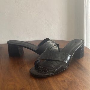 Reformation black patent ‘crocodile’ open toe heels.